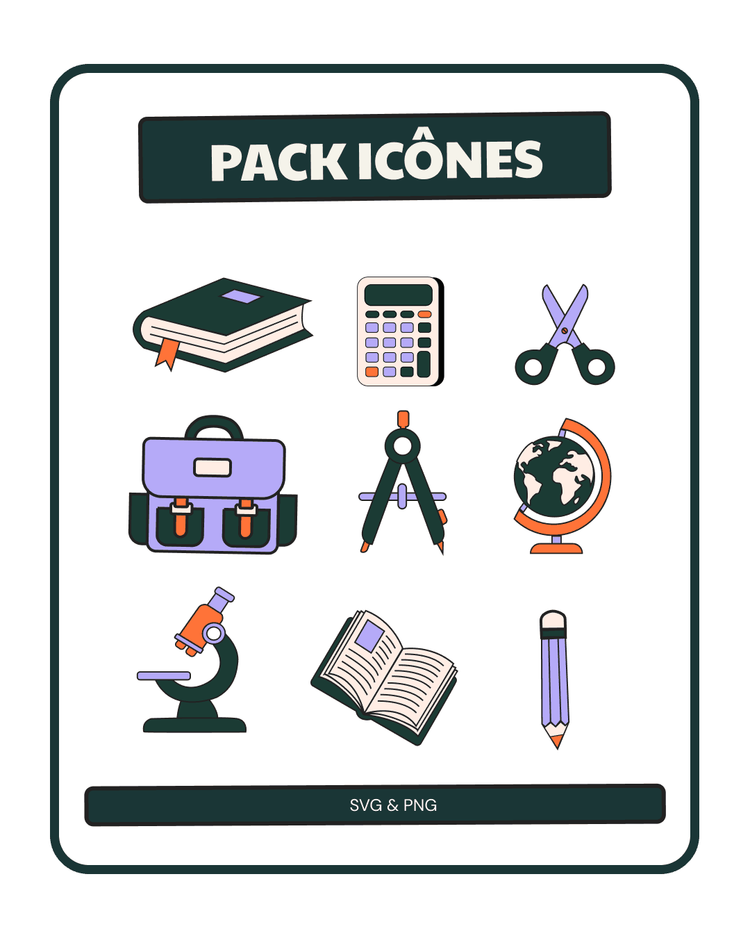 Aperçu du pack d'icônes : livre, calculatrice, ciseaux, cartable, compas, globe, microscope, livre ouvert, crayon, livrés en SVG et PNG